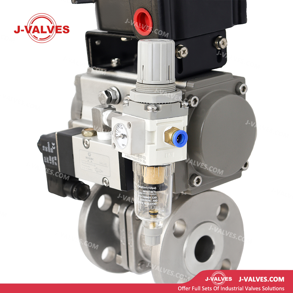 Producto de válvula industrial de calidad Hecha en China J-Válvulas J-Válvulas 150 lb Válvula de bola con brida de acero neumático de acero inoxidable con filtro de aire, interruptor de límite, válvula solenoide, posicionador